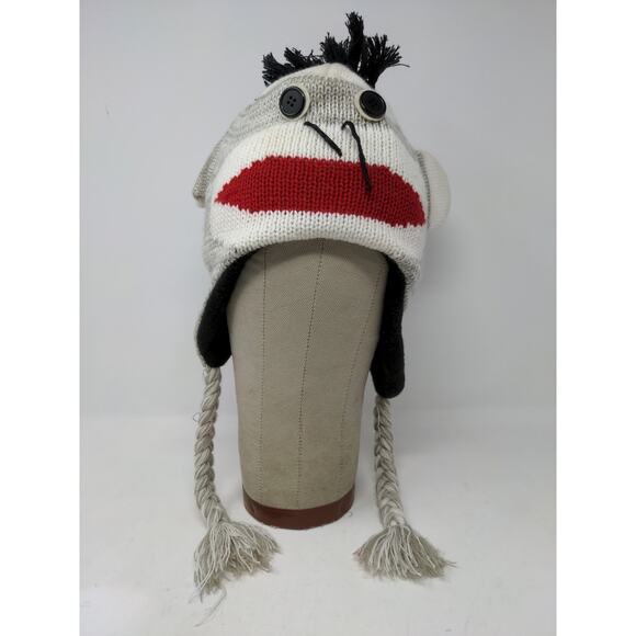 Sock Monkey Knit Beanie Hat Cap Button Eyes 100% Acrylic Gray White - Picture 2 of 10